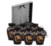 Forever URNS Mini Cremation Funeral Urn with Printed Running Horse Theme for Human Ashes of Female & Male | 3 cu in | Set of 6 | Small | Dark Brown | Completely Handcrafted with Velvet Protection Box