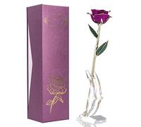 Forever Violet Rose, 24K Gold Dipped Real Preserved Flower Gifts Artificial Flower with Leaf and Stand in Box for Anniversary Birthday Mothers and Valentines Day