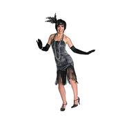 Forever Young Ladies Black & Grey Floral Vintage 1920s Flapper Fringed Dress Costume (UK Size 12)