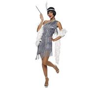 Forever Young Ladies Vintage Roaring 1920s Blue Black Silver Flapper Charleston Fringed Dress Costume (Silver, UK Size 16)