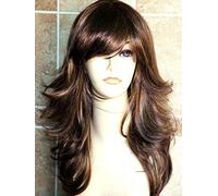 Forever Young UK Ladies Fashion Wig Chocolate Brown with Subtle Blonde Highlights Long Layered Wig with Bangs