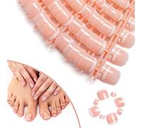 foreverLily 140 PCS French Short Toenails 14 Size Stick on Press on Artificial Natural Full Coverage Fake Toe Nails