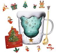 Foreverup Christmas Tree Double Layer Glass Cup, Christmas Tree Mug, Tree Snowflake Glassware with Handle, Lids, Spoon and Greeting Card, Xmas Gift for Women Grandma Mom Female Friend Teachers（Green