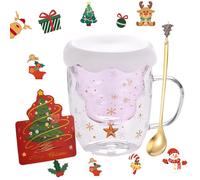 Foreverup Christmas Tree Double Layer Glass Cup, Cute Christmas Tree Mugs, Tree Snowflake Glassware with Lids, Handle, Spoon and Greeting Card, Best ChristmasGifts for Women Wife Mum Kids (Pink)