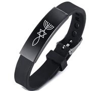 ForeverWill Adjustable Silicone Messianic Jewish Christian Bracelet for Women Men Teens, Jerusalem Seal Star of David Menorah Christ Fish Amulet Symbolic Bangle Wristband for Protection,Black