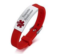 ForeverWill Adjustable Tourette Syndrome Awareness Bracelet Personalised Medical Alert Tourette's Health Condition Name ICE ID Silicone Wristband for Women Men, Red
