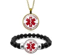 ForeverWill Medical Alert Diabetic Jewelry for Kids Women Men Type 2 Diabetes Awareness Bracelet Necklace for Girls Boys Adults Diabetic Identification Bead Bracelets Pendant