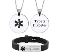 ForeverWill Medical Type 2 Diabetes Awareness Bracelets Necklace for Women Men Medic Alert Diabetic Silicone Strap Wristband Pendant for Teens Adults, 2 Pack