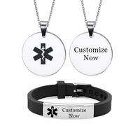 ForeverWill Personalized Medical Alert Type 1 2 Diabetes Bracelet Necklace for Kids Women Men ID Wristband Pendant Diabetic Identification Jewelry for Girls Boys Teens Adults,2 Pack