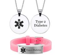 ForeverWill Personalized Medical Alert Type 2 Diabetes Bracelet Necklace for Kids Women Men ID Wristband Pendant Diabetic Identification Jewelry for Girls Boys Teens Adults,2 Pack