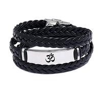 ForeverWill Stylish Braided Wrap Leather Bracelet, Buddhism OM Yoga Amulet Symbol Wristband, Religious Pagan Talisman Symbolic Jewellery for Men Women, Black