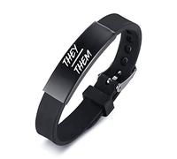ForeverWill They Them Pronouns Nonbinary Bracelet, Stainless Steel Silicone NB Pride Genderqueer Wristband for Adults Kids Gender Identity Reminder Bangle for Women Men Kids,Black