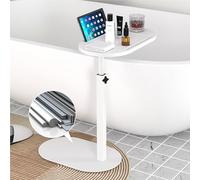 Forevich Bamboo Bathtub Tray Table Bath Side Table with Metal Base Adjustable Height, Portable Freestanding Caddy Tray Tub Shelf for Luxury Bath Home Spa White Table and White Base
