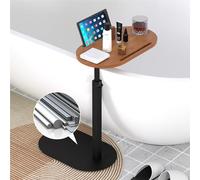 Forevich Bamboo Bathtub Tray Table Bath Side Table with Metal Base Adjustable Height, Portable Freestanding Caddy Tray Tub Shelf for Luxury Bath Home Spa Chestnut Brown Table and Black Base