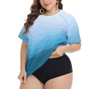 FOREYOND Plus Size Rash Guard Shirts for Women Short Sleeve UPF 50+ Sun Protection Swimwear Swim Suits Top, Blue Wave, 4XL Plus