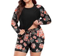 FOREYOND Women's 2 Piece Plus Size Rash Guard Long Sleeve Swimsuits Swim Shirt and Short Bathing Suit UPF 50+, Pink Floral, 3XL