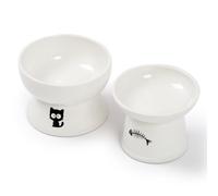 FOREYY Raised Cat Food and Water Bowl Set, Whisker Friendly Elevated Ceramic Cats Feeder Bowls with Anti Slip Ring, Anti-Vomiting Shallow High Porcelain Pet Kitten Dish, Dishwasher Safe(White)