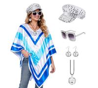 Forfamy Abba Costume for Women 1970s Disco Accessories Set with Disco Poncho Hat Wig Earrings Glasses for 70s Theme Party Dress Up