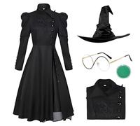 Forfamy Witch Costume Set for Women - Black Dress with Pointed Hat & Glasses | Halloween Cosplay Outfit, Wizard Role-Play Accessories (S)