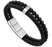 Forge & Foundry Men's Adjustable Black Leather and Bead Bracelet | Genuine Woven Leather and Black Onyx Beads | Design-Led, Artisan Jewelry from London [Navarro Black L/B] (Silver Clasp - X-large)
