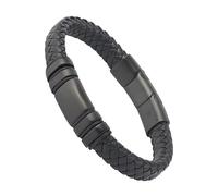 Forge & Foundry Men's Adjustable Black Leather Bracelet | Genuine Woven Leather with Snap Clasp | Design-Led, Artisan Jewellery from London | Single Strand, Brushed Black Clasp, XL, Navarro