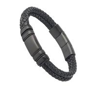 Forge & Foundry Men's Adjustable Black Leather Bracelet | Genuine Woven Leather with Snap Clasp | Design-Led, Artisan Jewellery from London | Double Strand, Brushed Black Clasp, XL, Navarro