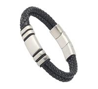 Forge & Foundry Men's Adjustable Black Leather Bracelet | Genuine Woven Leather with Snap Clasp | Design-Led, Artisan Jewellery from London | Double Strand, Brushed Silver Clasp, M, Navarro