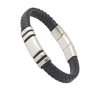 Forge & Foundry Men's Adjustable Black Leather Bracelet | Genuine Woven Leather with Snap Clasp | Design-Led, Artisan Jewellery from London | Single Strand, Brushed Silver Clasp, L, Navarro