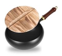 Forged Iron Pan, 24 cm, Uncoated Hand Forged Iron Pan, Frying Pan with Wooden Lid, Large Belly Pot, for Gas Stoves and Induction