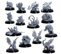 Forged Terrain 14-Piece Baby Dragons & Monsters Miniature Set - True 32mm Scale Young Wyrmlings, Owlbears & Panthers - Fully Assembled Resin Figures with 25mm & 32mm Round Bases Included