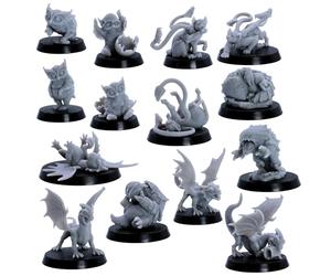 Forged Terrain 14-Piece Baby Dragons & Monsters Miniature Set - True 32mm Scale Young Wyrmlings, Owlbears & Panthers - Fully Assembled Resin Figures with 25mm & 32mm Round Bases Included