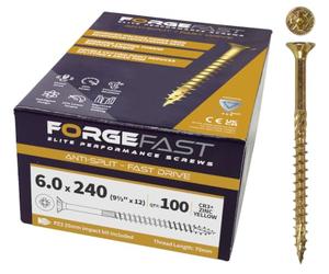 ForgeFast Elite Fast-Start Woodscrews | 6.0 x 240mm | Zinc Yellow | Box 100 | Zinc Yellow Passivated Elite Wood Screws Countersunk Pozi Drive Fasteners for Hardwood MDF Timber Joining