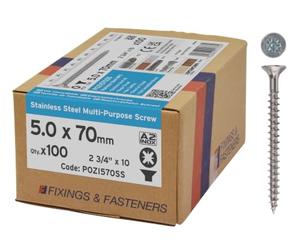 ForgeFix Multi-Purpose Single Thread Screws | 5.0 x 70mm | Steel | Box 100 | A2 Stainless Steel Single Thread Screws Countersunk Pozi-Drive Wood Fasteners for Timber Decking Board Sanitaryware