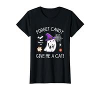 Forget Candy Give Me A Cat Funny Boo Ghost Holding Black Cat Value Graphic T-Shirt, Women, Black, M