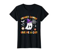 Forget Candy Give Me A Cat Ghost Holding Black Cat Groovy Value Graphic T-Shirt, Women, Black, L