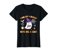 Forget Candy Give Me A Cat Groovy Ghost Holding Black Cat Value Graphic T-Shirt, Women, Black, XL