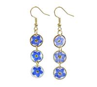 Forget Me Not Earrings, Blue Pressed Flower Dangle Earrings for Women | Gold Tone Accents, Linked Circle Charms, Botanical Motif, Nature Inspired, Occasion Accessory, Gift Idea