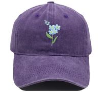 Forget Me Not Flower Embroidered Vintage Washed Baseball Cap, Unisex Adjustable Cotton Dad Cap, Breathable Soft Lightweight Casual Outdoor Sun Protection Daily Wear Purple