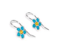 Forget Me Not Flower Hook Earrings in Sterling Silver with Amber Centre, Enamel Hand-Painted, Dementia Gifts