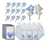 Forget Me Not Memorial Brooches,12 Set with "7 Blue Forget Me-Not Flowers" Memory Pins,Memorial Cards, Organza Bags,Funeral Favour, Bereavement Gift, Alzheimers,Rememberance Brooch
