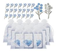 Forget Me Not Memorial Brooches,21 Set with "7 Blue Forget Me-Not Flowers" Memory Pins,Memorial Cards, Organza Bags,Funeral Favour, Bereavement Gift, Alzheimers,Rememberance Brooch