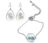 Forget-Me-Not Oval Pendant Earrings, Oval Drop Dangle Earrings for Girls, Elegant Blue Earrings and Bracelet Set, for Women's Daily, Party, Romantic Dates & as Meaningful Gifts