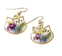 Forget Me Not Pressed Flower Cat Shaped Drop Earrings Gold Coloured Fishhook