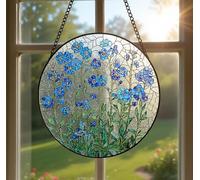 Forget-Me-Not Stained Glass Sun Catcher For Windows Purple Flowers Glass Hanging Suncatcher Ornament Acrylic Sun Catcher Light Decor For Home Garden Outdoor Window(20cm)
