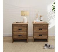 FORGEVIO Pair of Knotty Oak Bedside Tables, 2 Drawer Storage End Side Cabinets in Brown FORGEVIO Brown