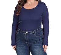 ForHailey Plus Size Long Sleeve Shirts for Women Scoop Neck Slim Fitted T Shirt Stretchy Bodycon Basic Tee Tops XL- 5XL, Navy Blue, XXL Plus