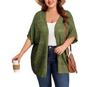 ForHailey Women's Plus Size Crochet Cardigan Kimonos Boho Short Sleeve Oversized Summer Open Front Knitted Sweater Tops, Army Green, 5XL Plus