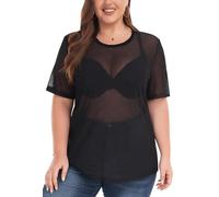 ForHailey Women's Plus Size Glitter Sheer Mesh Short Sleeve Tee Shirt Top, A1-black, 5XL Plus