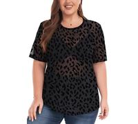 ForHailey Women's Plus Size Glitter Sheer Mesh Short Sleeve Tee Shirt Top, A4-leopard, 5XL Plus