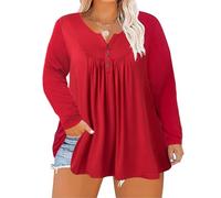 ForHailey Women's Plus Size Top Henley Neck Shirt Long Sleeve Button Front Round Neck Tee Basic Ladies Loose Fit T Shirt, Z-red, 4XL Plus